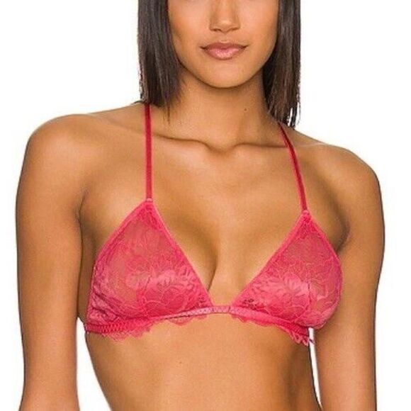 New INTIMATELY FREE PEOPLE XS Triangle Pink Lace Bralette Bra Unlined Wireless - Picture 1 of 5